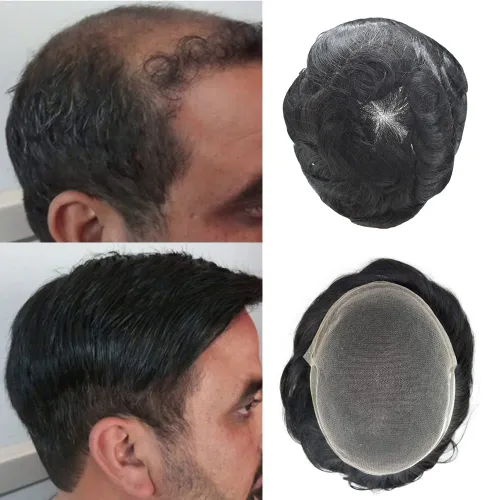 Vista 49 de Tupé de encaje suizo para hombres, piezas de cabello humano real, encaje frontal, sistema de reemplazo de cabello tipo tupé, nudo blanqueado, línea