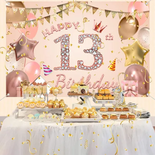 Vista 3 de Cartel de tela para decoración de cumpleaños número 13 para niñas de 13 años, cartel de tela para fiesta de cumpleaños de niña, fondo de foto rosa
