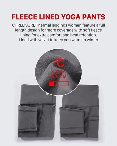 Vista 4 de CHRLEISURE - Leggings de vellón con forro para mujeres con bolsillos, térmicos y gruesos, cintura alta, pantalones de yoga para invierno
