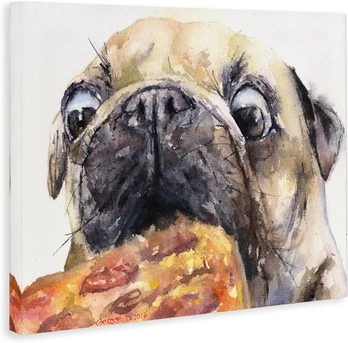 Vista 2 de Stupell Industries George Dyachenko - Pintura de acuarela de animales de mascota divertida de Pug and Pizza, arte en lienzo, 20 x 16 pulgadas, fácil