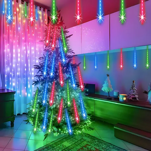Vista 7 de Luces de lluvia de meteoros al aire libre, luces navideñas, 24 tubos, 576 LED, efecto de caída de nieve, lluvia en cascada, carámbanos, luz