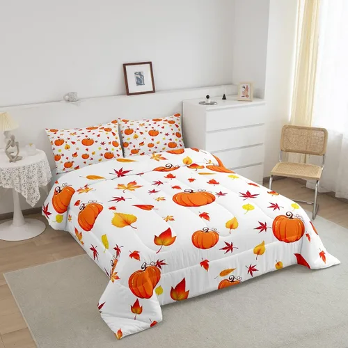 Vista 2 de Juego de edredón de calabaza de otoño, tamaño individual, juego de ropa de cama de hojas de arce para niños y niñas, cosecha de otoño, fruta