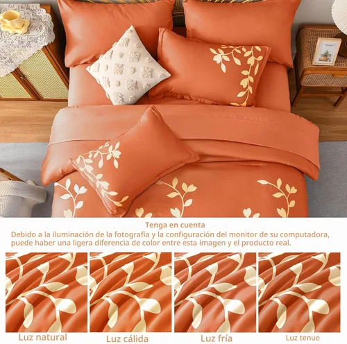 Vista 5 de Juego de edredón tamaño King – Juego de edredón de 7 piezas con estampado botánico floral en naranja con sábanas, juego de ropa de cama