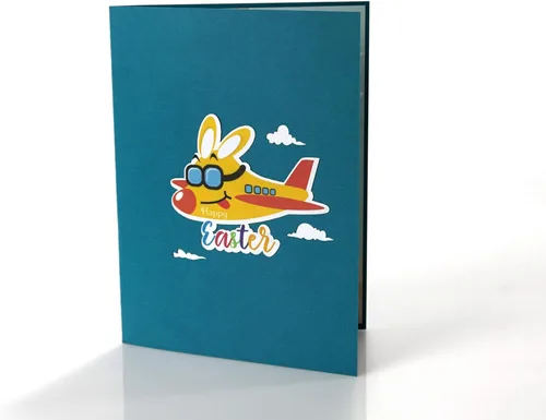 Vista 3 de ETA Tarjeta desplegable de Pascua 3D, conejito de Pascua en un avión, tarjeta de felicitación festiva, linda, divertida, tarjeta desplegable