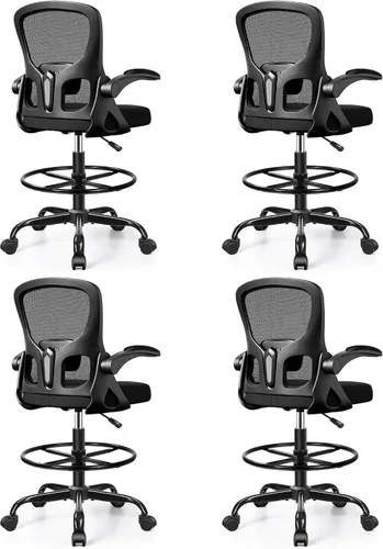 Vista 10 de Silla de dibujo alta de oficina para escritorio de pie, taburete ergonómico de trabajo para computadora con brazos abatibles, anillo de pie y Negro