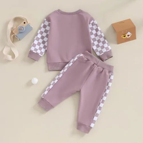 Vista 3 de Conjunto de 2 piezas para bebé niño y niña, sudadera de manga larga con bordado de letras, pantalones elásticos, conjunto de otoño
