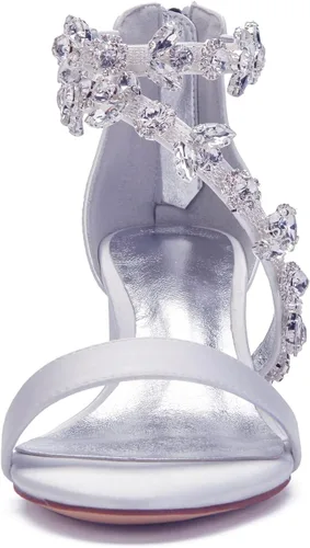 Vista 4 de Sandalias de tacón bajo para mujer, correa gruesa en el tobillo, zapatos de vestir de boda de cristal, sandalias de tacón bajo cómodas