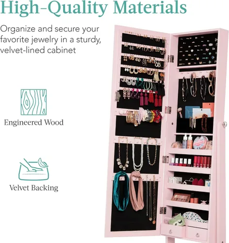 Vista 5 de Best Choice Products Armario de joyería y organizador de maquillaje en espejo de pie de cuerpo completo, con cerradura y forro de terciopelo, 3