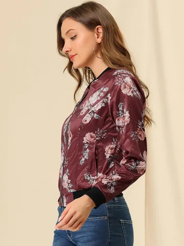 Vista 4 de Allegra K Campera abombada informal, con estampado floral, con cierre, con cuello levantado, de mangas largas, para mujer.