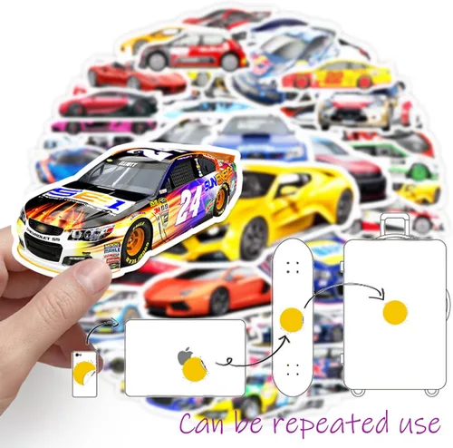 Vista 5 de 102 piezas de calcomanías de autos deportivos - Auto de carreras, calcomanías impermeables para botellas, portátiles, patinetas, cascos