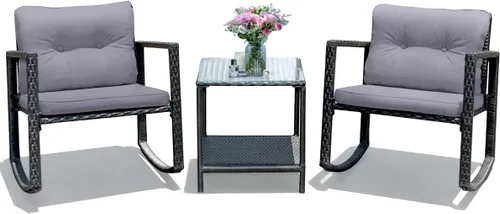Vista 10 de Tangkula Juego de 3 mecedoras de mimbre para patio, mecedoras al aire libre y mesa con cojines, mesa de centro de cristal con estante