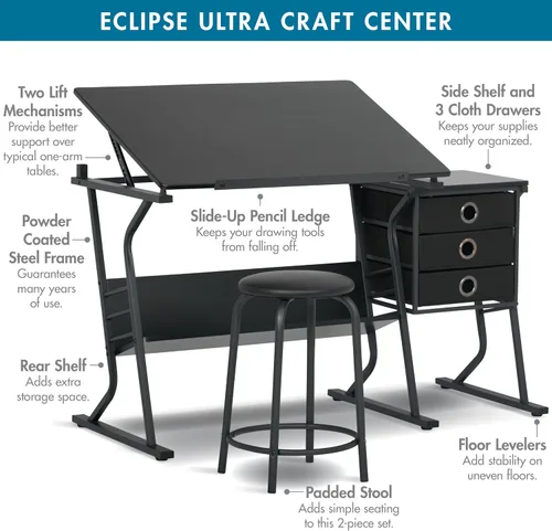 Vista 8 de Eclipse Ultra - Mesa de dibujo con taburete, parte superior ajustable en ángulo, estantes de almacenamiento y cajones de 2 piezas