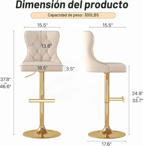 Vista 3 de Juego de 2 taburetes de bar giratorios de terciopelo con respaldo copetudo y base dorada, beige Adjustable Counter Height Barstools with Soft
