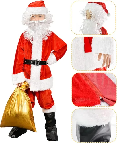 Vista 3 de Traje de Papá Noel para niños 8 piezas terciopelo para niños disfraz de Navidad para Halloween Navidad cosplay fiesta de disfraces