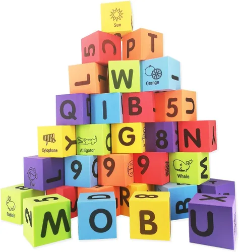 Vista 7 de MOBU Bloques de construcción de espuma para niños pequeños, 30 piezas de bloques de números de letras del alfabeto de 2 pulgadas con bolsa