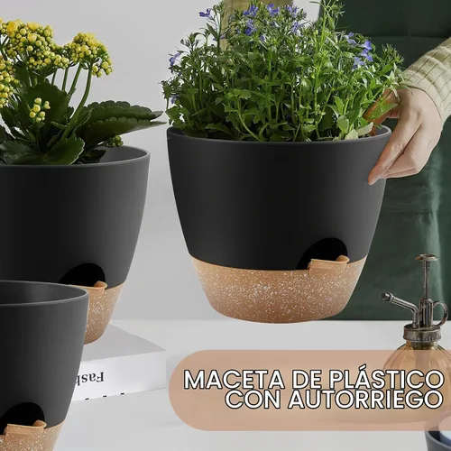 Vista 7 de YNNICO Macetas de 10/9/8/7.5/7 pulgadas, macetas de riego automático con agujeros de drenaje y platillos para plantas de interior y exterior (negro)