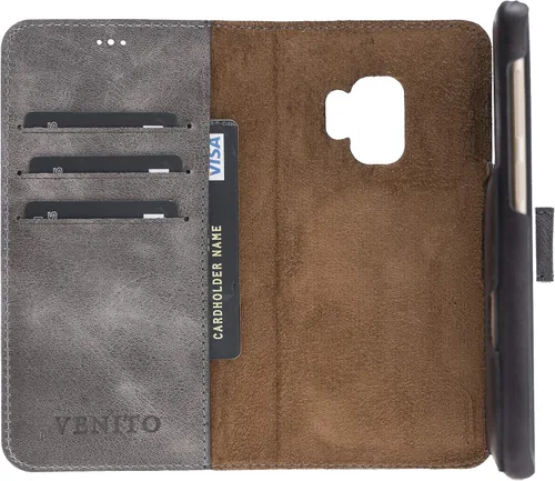 Vista 3 de Venito Florence - Funda de piel compatible con Samsung Galaxy S9, extra segura con bloqueo RFID, cartera desmontable para teléfono (gris decolorado)