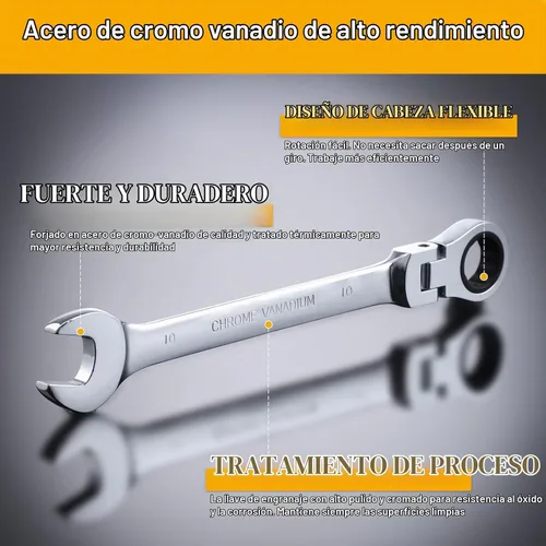 Vista 4 de Llave de trinquete de 10 mm con cabeza flexible: Llave de caja de 12 puntos Llave combinada de trinquete métrica de cromo vanadio
