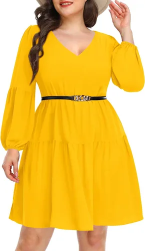 Vista 4 de Pinup Fashion Vestido tipo túnica de otoño para mujer, talla grande, manga larga, cuello en V, casual, holgado, con volantes