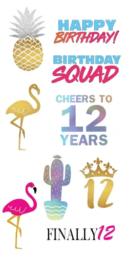 Vista 8 de Tatuajes temporales de cumpleaños número 12, 4 hojas, divertidos recuerdos de fiesta de cumpleaños para él o ella, suministros para fiestas