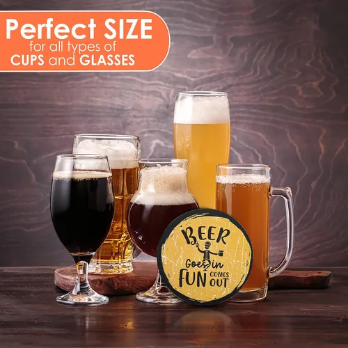 Vista 4 de Divertidos posavasos para bebidas, juego de 8 con soporte, base de corcho absorbente para protección de mesa, hechos de madera de ingeniería, ideal