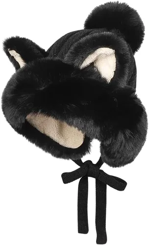 Vista 3 de Gorro de invierno de piel sintética para mujer, con orejas de gato de zorro, con orejera, pompón, sombrero de trampero de felpa cálida rusa