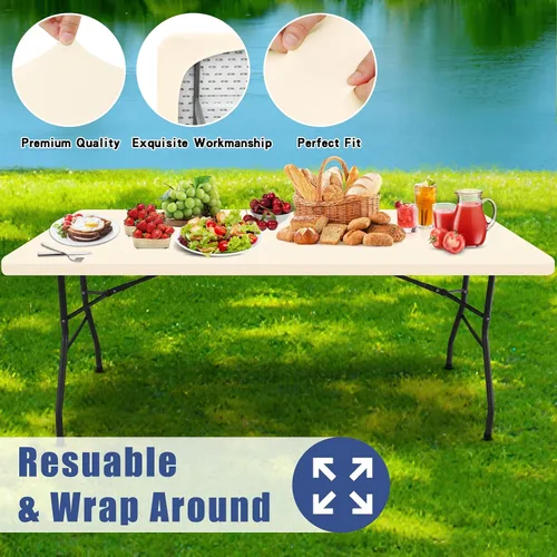 Vista 5 de Moosfor Paquete de 4 manteles rectangulares de elastano de 4 pies, elásticos y ajustables para pícnic, elásticos y lavables, para exteriores, Beige