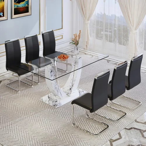 Vista 3 de JUFU Juego de mesa de comedor de cristal de 71 pulgadas para 6, juego de mesa de comedor moderno con base de textura de mármol sintético blanco