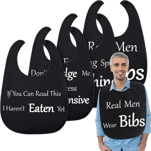 Vista 8 de Zhanmai 4 piezas de baberos divertidos para adultos para mujeres, ancianos y hombres, ajustables, lavables, protectores de ropa de comedor, regalos
