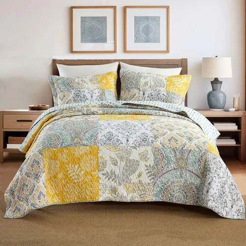 Vista 19 de ABREEZE Juego de edredón de retazos, ropa de cama tamaño Queen, reversible, transpirable, colorido, colcha acolchada floral con fundas de almohada