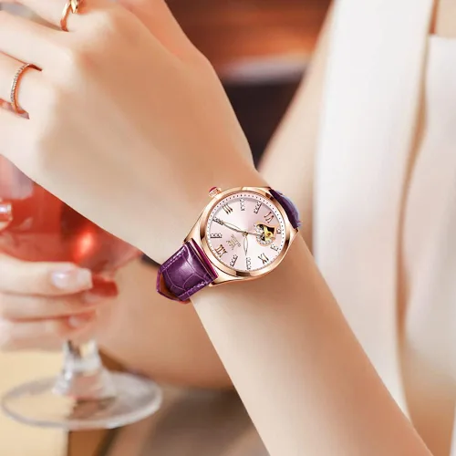 Vista 2 de OLEVS Reloj mecánico automático para mujer, correa de cuero, cuerda automática, reloj de pulsera para mujer, esfera de corazón de diamante