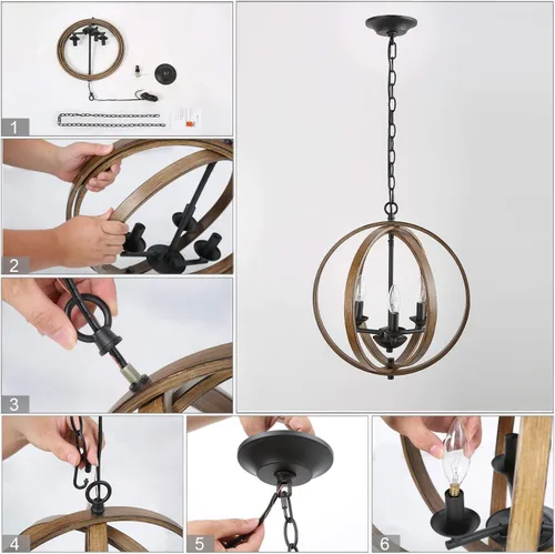Vista 9 de LOG BARN Candelabros de granja, globo de madera sintética para colgar 3 lámparas para comedor y sala de estar, dormitorio, vestíbulo y entrada