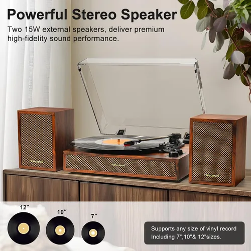 Vista 3 de Tocadiscos de vinilo con altavoces externos, tocadiscos estéreo vintage de 3 velocidades para discos de vinilo, entrada Bluetooth, parada automática