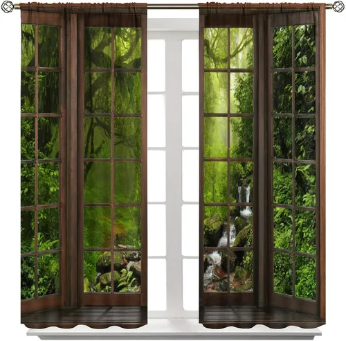 Vista 8 de Cortinas con Vista Natural, Estampado de Patrón de Río y Bosque Hermoso para Ventana, Cortinas Oscuras Aisladas para Dormitorio o Sala de 2 Paneles