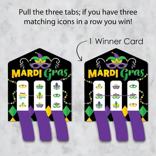 Vista 3 de Big Dot of Happiness Máscara colorida de Mardi Gras – Juego de tarjetas de pepinillo para fiesta de máscaras, pestañas de tracción 3 en una fila