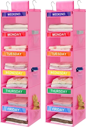 Vista 9 de Organizador semanal de ropa de 6 estantes para niños, organización diaria colgante de armario con 6 bolsillos laterales, divisor de almacenamiento