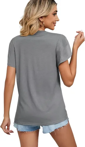 Vista 5 de WELINCO Camisetas básicas de verano para mujer, cuello en V, manga de pétalo, estilo casual