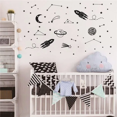 Vista 3 de Calcomanías de pared de cohete para niños, calcomanías de vinilo extraíbles con nave espacial, planetas, luna, estrellas y constelaciones