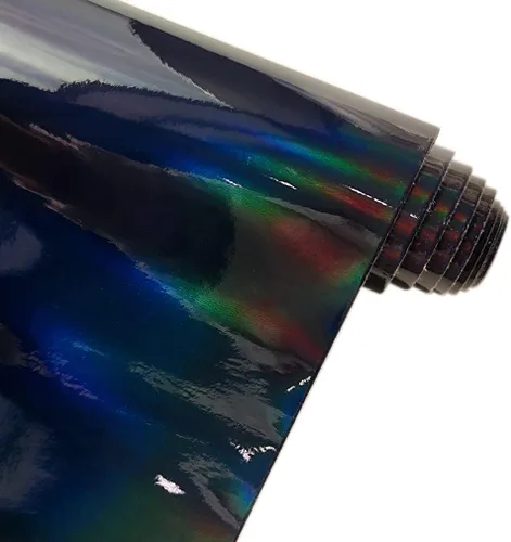 Vista 2 de 11.8"x53" Tela de cuero sintético holográfica, vinilo reflectante de espejo para lazos para el cabello, bolsas, manualidades de costura (Negro)