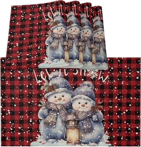 Vista 13 de Juego de 6 manteles individuales de bolas de Navidad para mesa de comedor, paño de lino de algodón para mesa cuadrada/rectangular/redonda