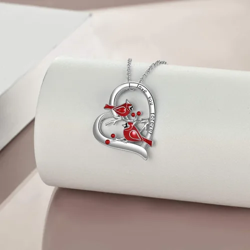Vista 4 de POPLYKE Collar con medallón de cardenal urna, regalos para mujer, plata de ley, colgante de cardenal rojo, joyería para niñas y esposas, Metal