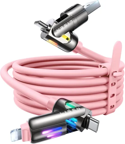 Vista 8 de Cable USB C de LISEN de 3 pies para cargador Samsung tipo C, cable de carga 4 en 1 con luz, cable de carga múltiple para iPhone 16 15 14 Pro Rosa