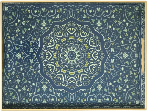 Vista 11 de Bandeja de servir azul con 4 asas, bandeja decorativa de plástico para mesa de café, otomana - Ideal para sala de estar y baño. 15 x 11 x 1.9