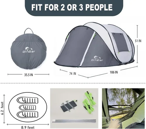 Vista 2 de Pop Up Tents for Camping 2-4 Person Waterproof Easy Up Setup Camping Tent 2 Big Doors Instant Family Blanco