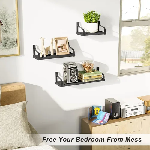Vista 8 de Love-KANKEI Estantes flotantes montados en la pared de madera rústica, juego de 3 estantes para dormitorio, sala de estar, baño, cocina, color negro