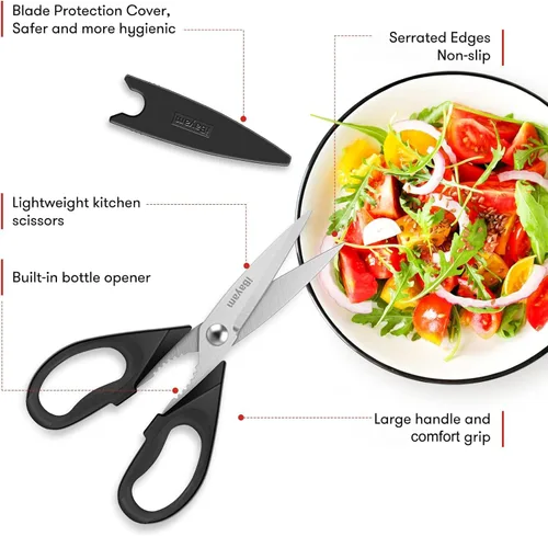 Vista 2 de iBayam Tijeras de cocina multiusos con funda protectora, tijeras de acero inoxidable duraderas, aptas para lavavajillas, mango cómodo de agarre suave