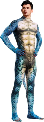 Vista 58 de Disfraz de animal para hombre con estampado de cola grande, overol peludo de elastano para cosplay, fiesta de Halloween