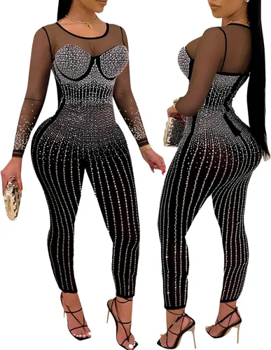 Vista 3 de PORRCEY - Overol sexy para mujer, con proceso de corte en caliente, para fiesta, discoteca, noche