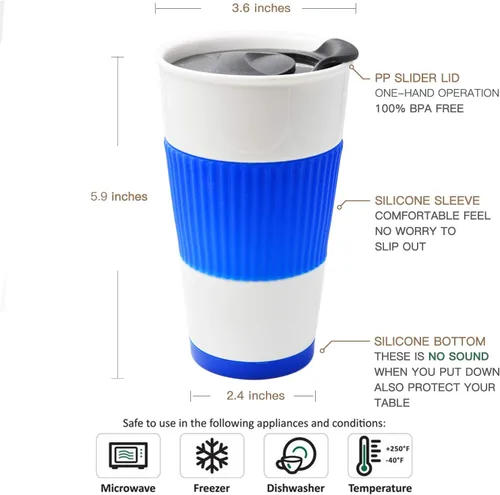 Vista 3 de Taza de café de viaje de cerámica de doble pared aislada con tapa deslizante, funda de silicona y portavasos incorporado, 10 fl.oz (Azul)