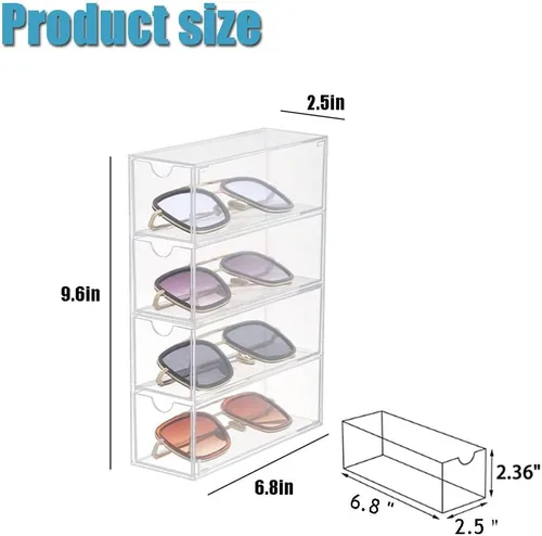 Vista 2 de CLUQMEIK Organizador de lentes de sol de acrílico con 4 tapas, organizador de cajones, suministros rectangulares para baño, dormitorio, escritorio